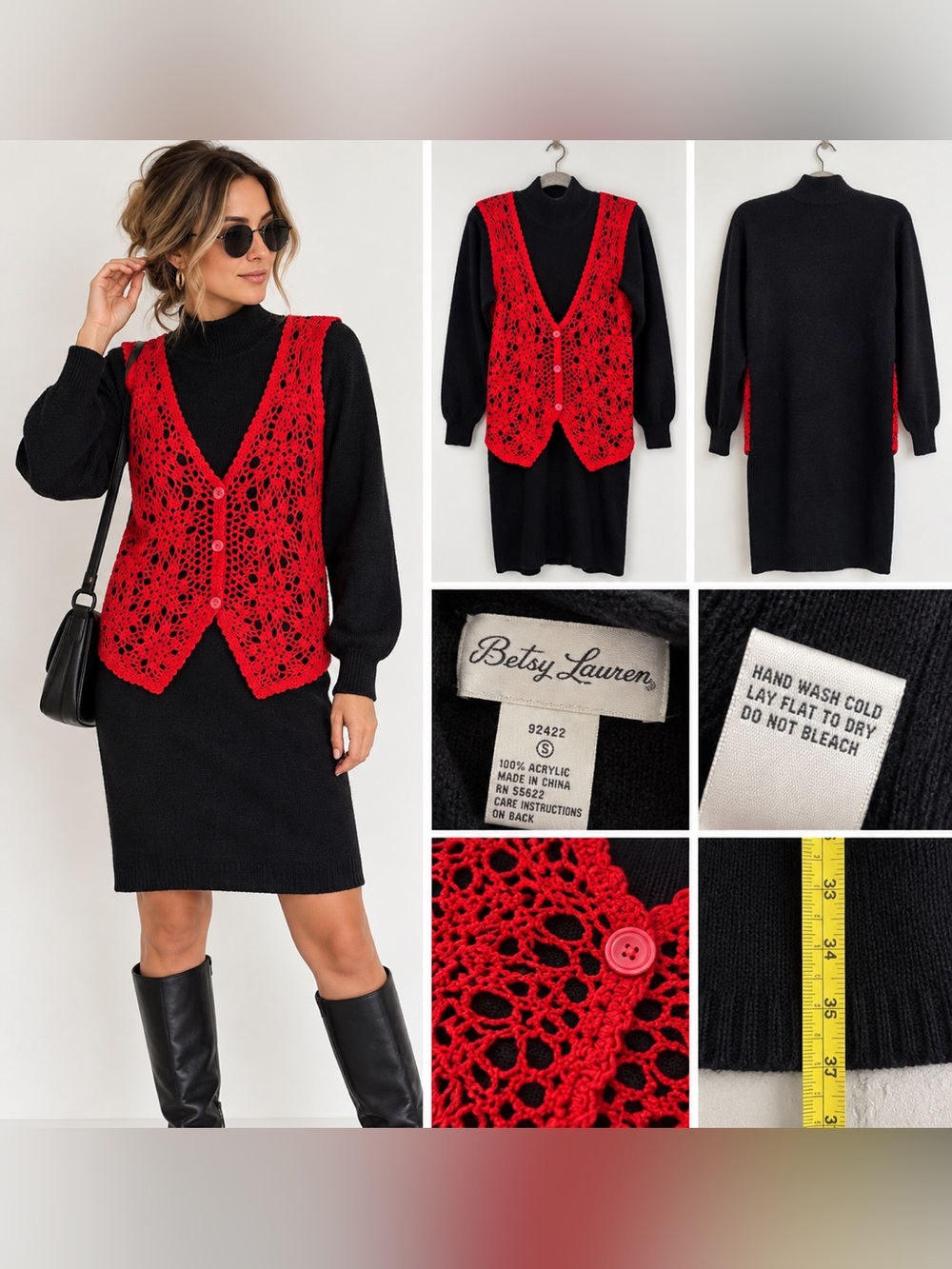 Vintage Betsy Lauren Black Red Crochet Sweater Dress S 90s Grunge